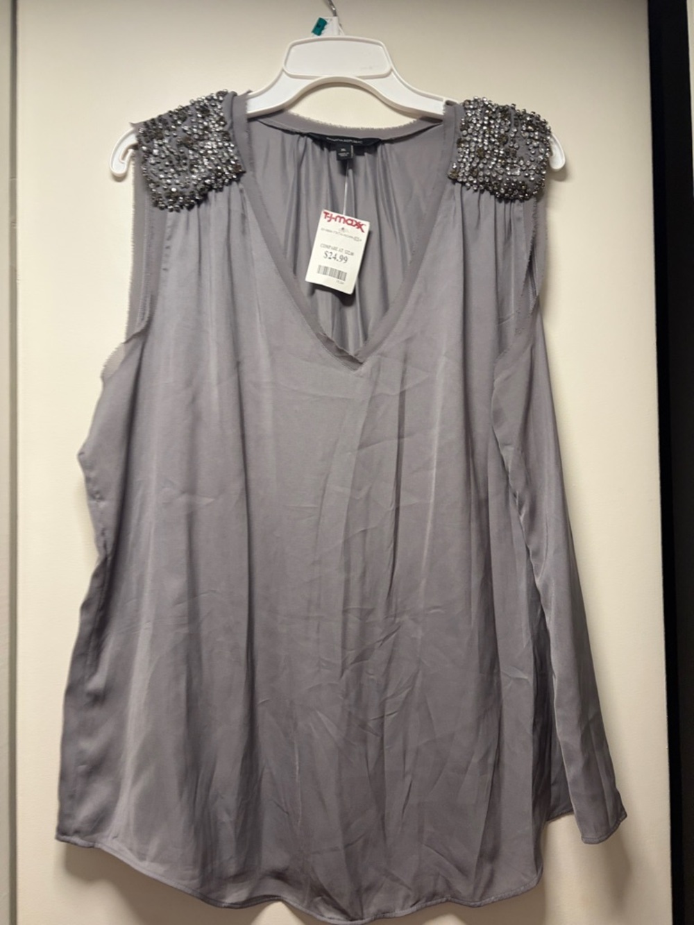 Banana Republic Beaded Shoulder Gray V-Neck Tank